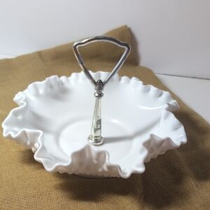 Fenton White Ruffled Edge Handle Bowl